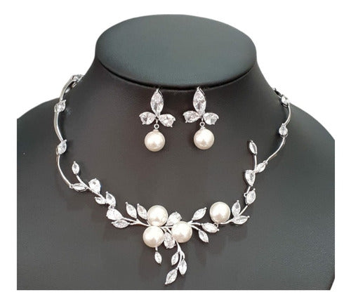 Colar E Brinco Noiva Zircônia E Pérola Prata Festa Debutante