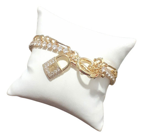 Pulseira Bracelete Dourada Cadeado Pedra Zircônia Riviera