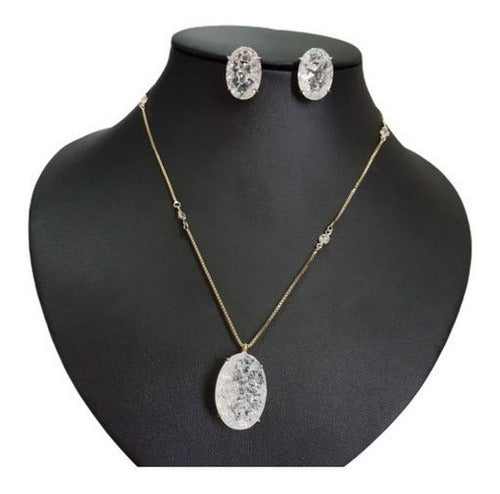 Conjunto Colar E Brinco Zirconia Fusion Tifann Oval Grande