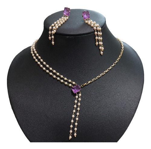 Conjunto Colar E Brinco Zircônia Pérola Rosa Lilás Festa