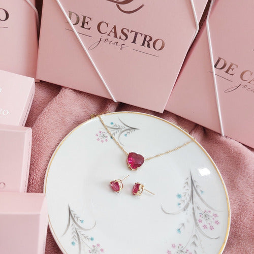 Conjunto Colar E Brinco Coração Pedra Vermelho Marsala