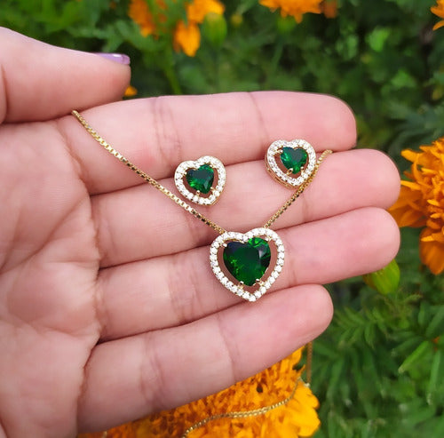 Conjunto Colar E Brinco Coração Pedra Zirconia Preto Verde
