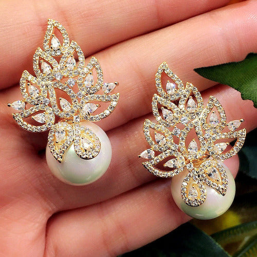 Brinco Noiva Zirconia Perola Pendurado Dourado Rosê Festa