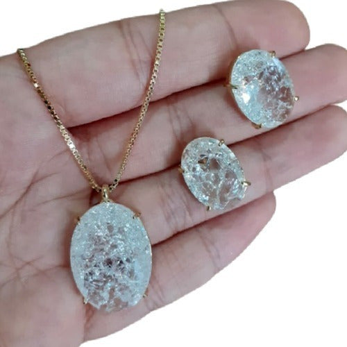 Conjunto Colar E Brinco Zirconia Fusion Tifann Oval Grande