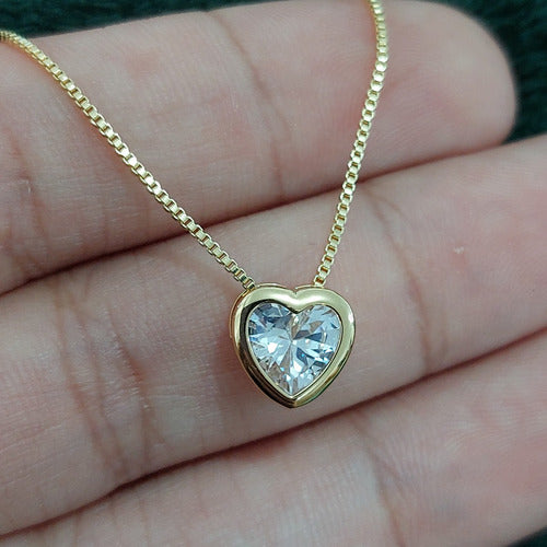Colar Corrente Pedra Zirconia Coração Semijoia Dourado Prata