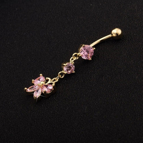 Piercing De Umbigo Pendurado Dourado Borboleta Zirconia Aço