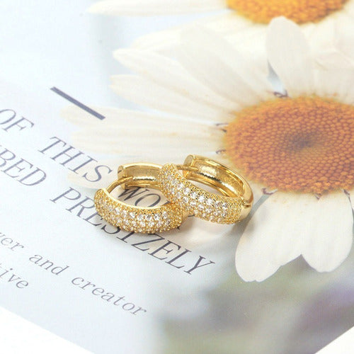 Brinco Argola Pedra Zirconia Dourado F. Ouro 18k  12 Mm