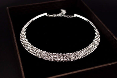 Conjunto Colar Chocker Pulseira Brinco Anel Noiva Strass