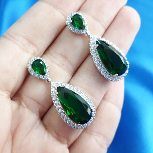 Brinco Pedra Zirconia Prata Festa Gota Verde Debutante