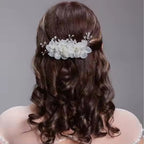 Arranjo Cabelo Noiva Prata Strass Pérola Flor Tecido Branco