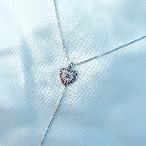 Colar Gravatinha Zirconia Prata Mão De Fátima Rubi Vermelho