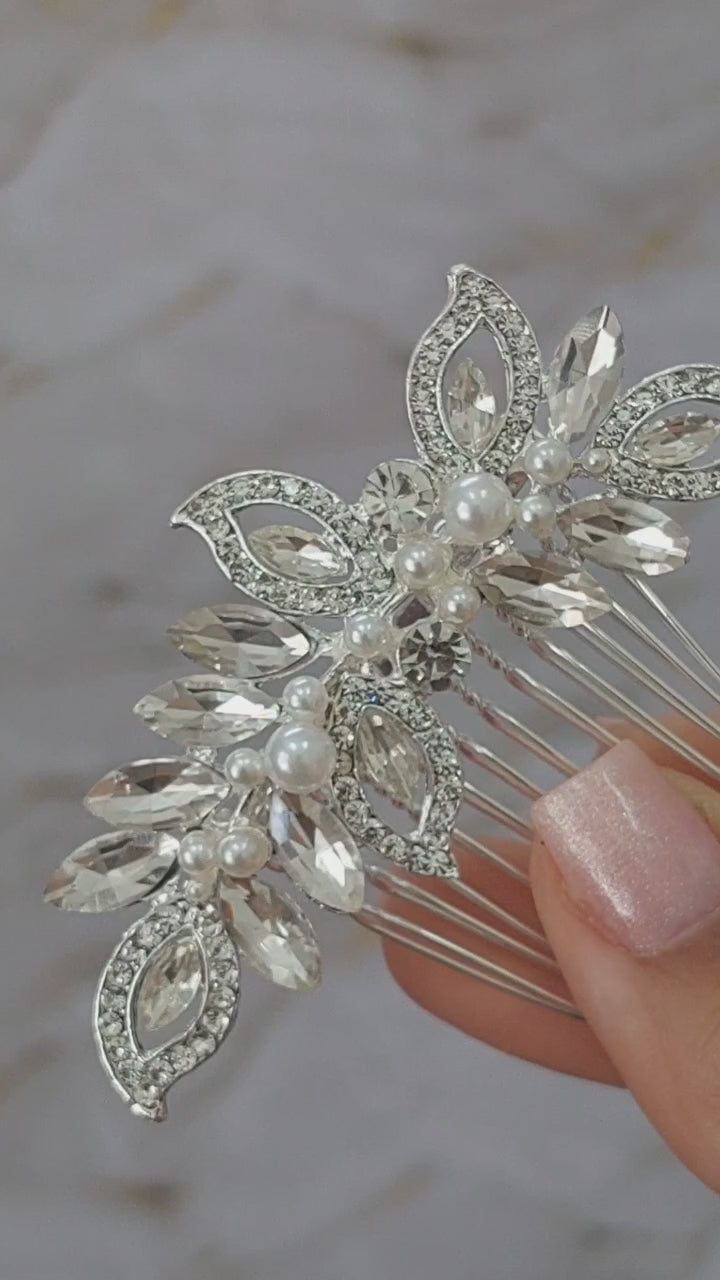 Arranjo Enfeite Cabelo Noiva Prata Strass Perola Barato