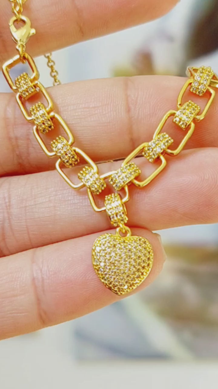 Pulseira Bracelete F. Ouro 18k Com Zircônia Pingente Coração