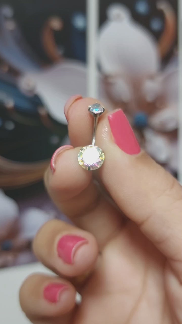 Piercing De Umbigo Prata 2 Pedras Aço Cirúrgico Zircônia