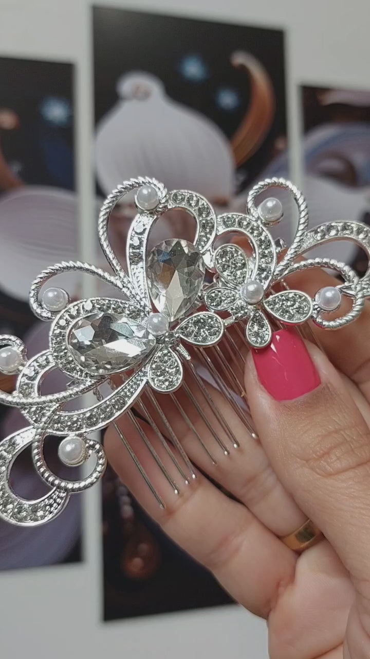 Arranjo Enfeite Cabelo Noiva Strass Perola Prata Debutante
